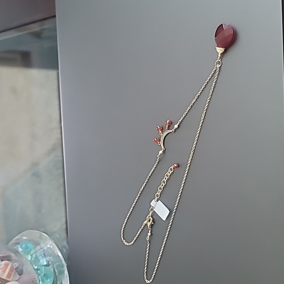 Carnelian Teardrop Pendant Necklace 14kt Gold Filled Half Moon with Dangles - Picture 6 of 8